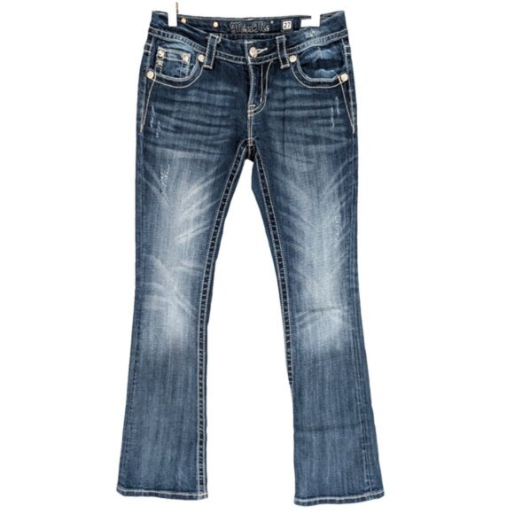 VTG Y2K Miss Me Sequin Vine Pocket Low Rise‎ Boot Cut Distressed Bling Jeans 27 - Picture 2 of 15